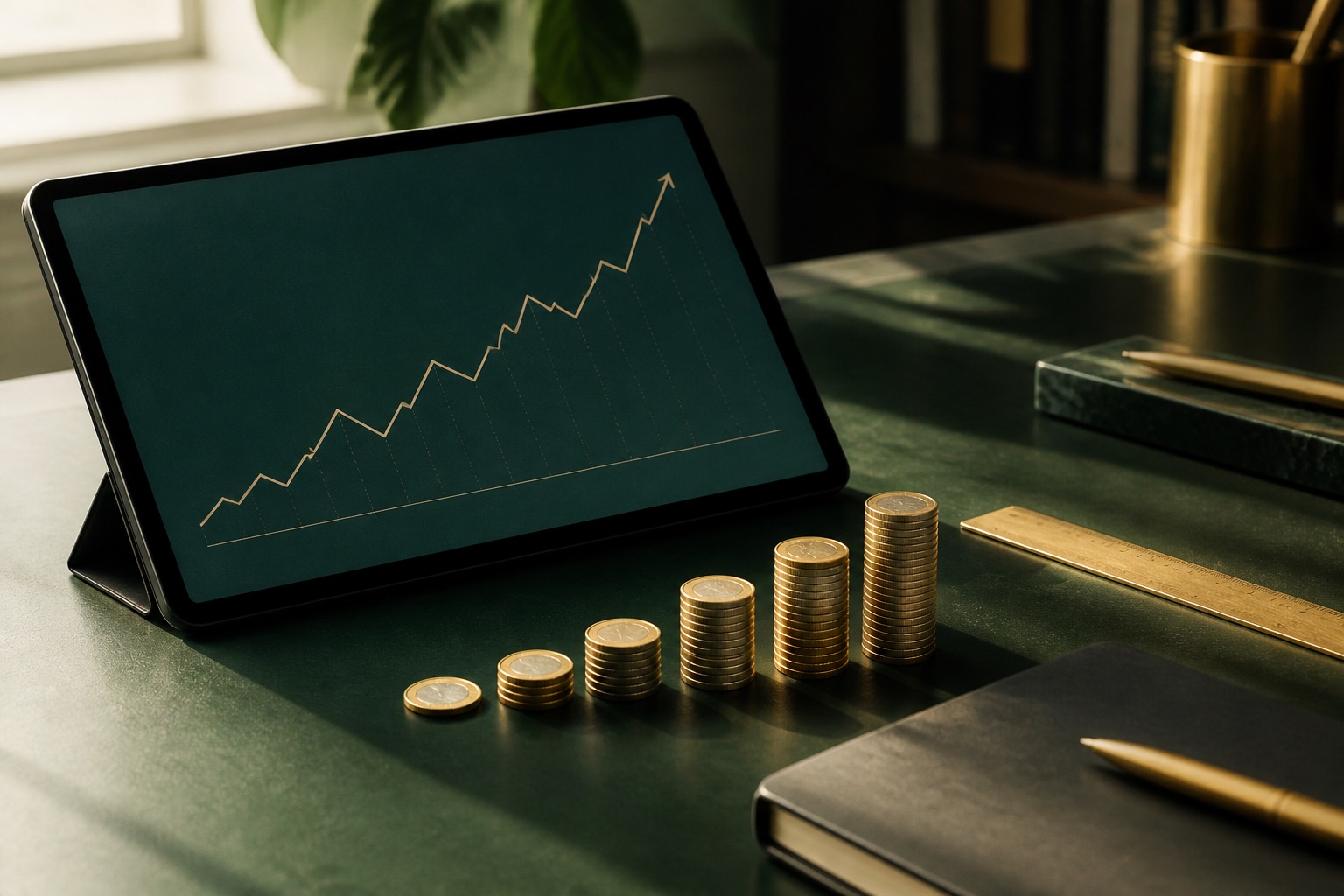 Werktafel met groeigrafiek en financiële planning